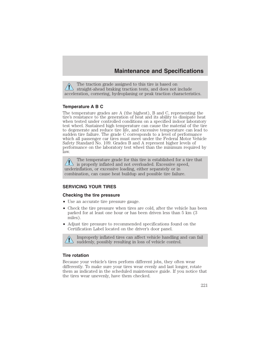 Maintenance and specifications | FORD 2002 Taurus v.4 User Manual | Page 221 / 240