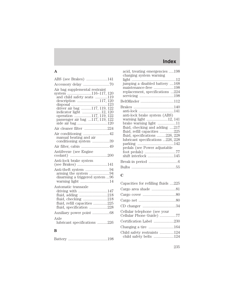 Index | FORD 2002 Taurus v.4 User Manual | Page 235 / 240