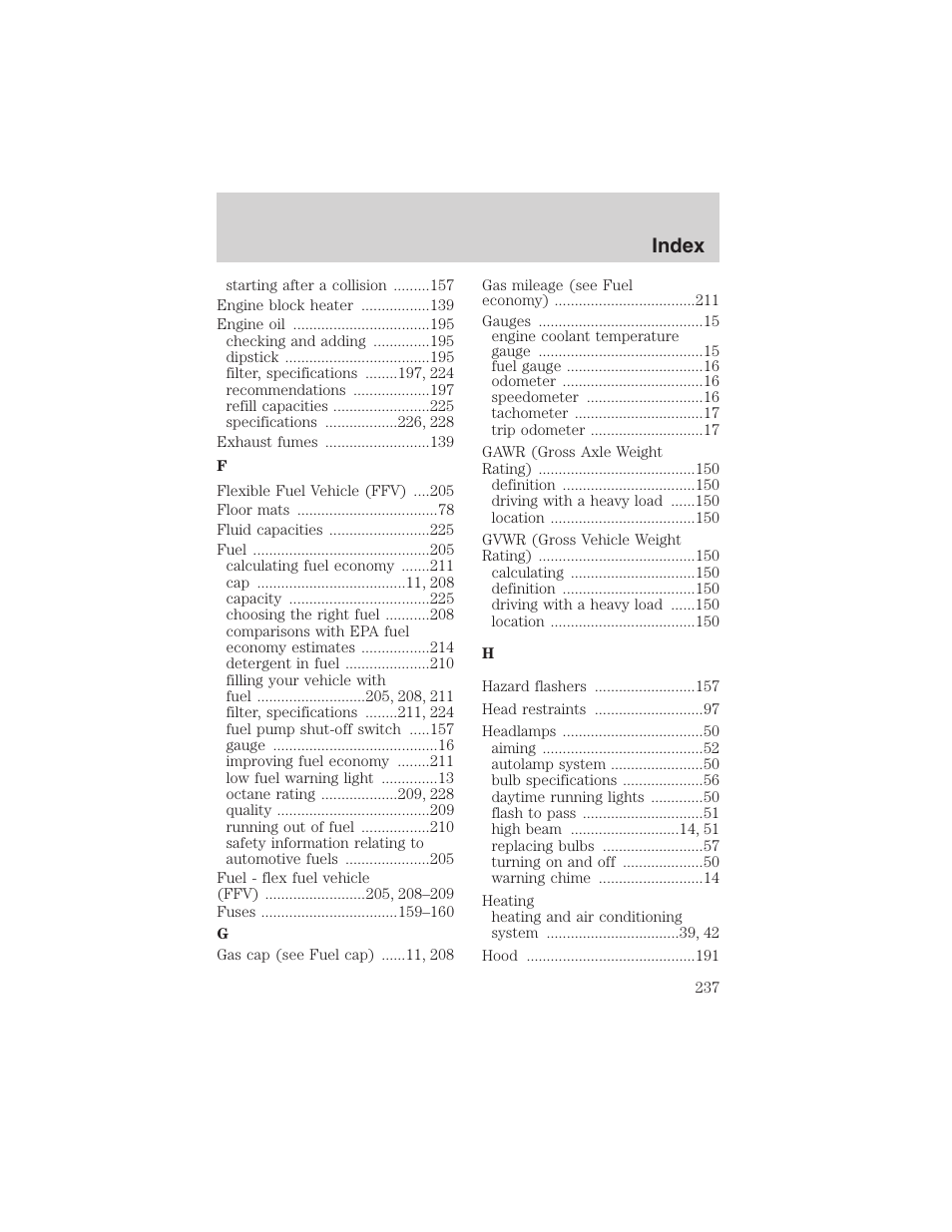 Index | FORD 2002 Taurus v.4 User Manual | Page 237 / 240