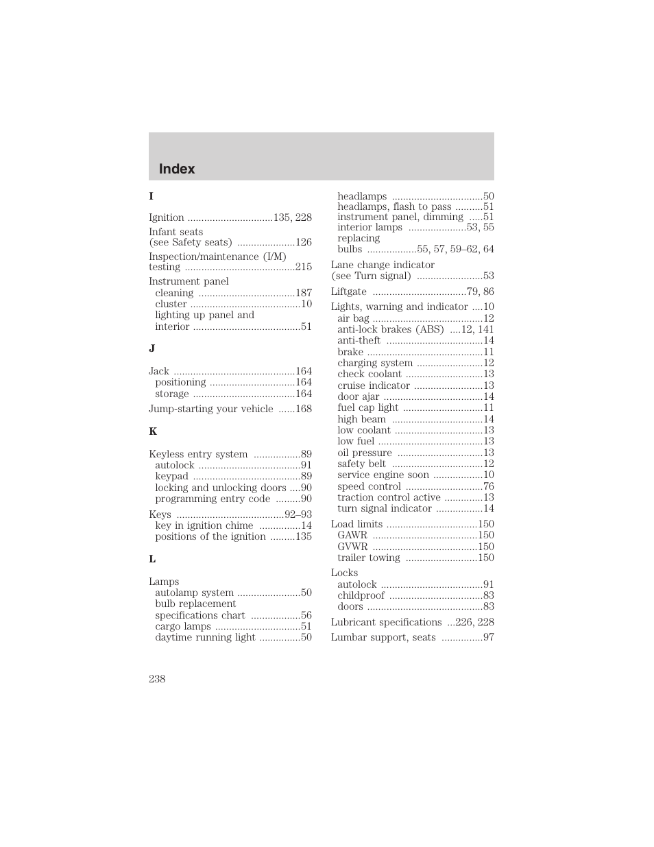 Index | FORD 2002 Taurus v.4 User Manual | Page 238 / 240