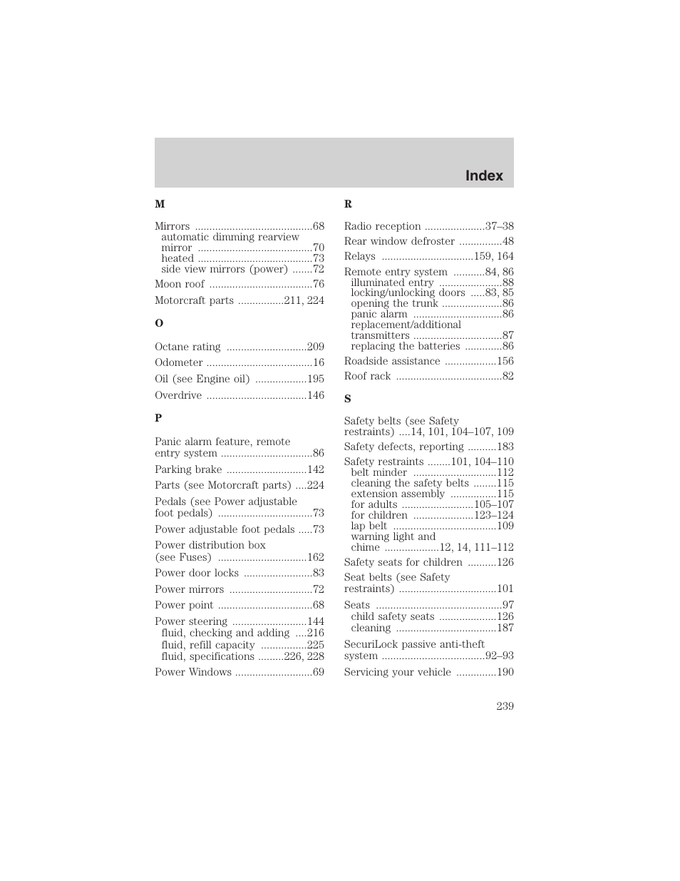 Index | FORD 2002 Taurus v.4 User Manual | Page 239 / 240