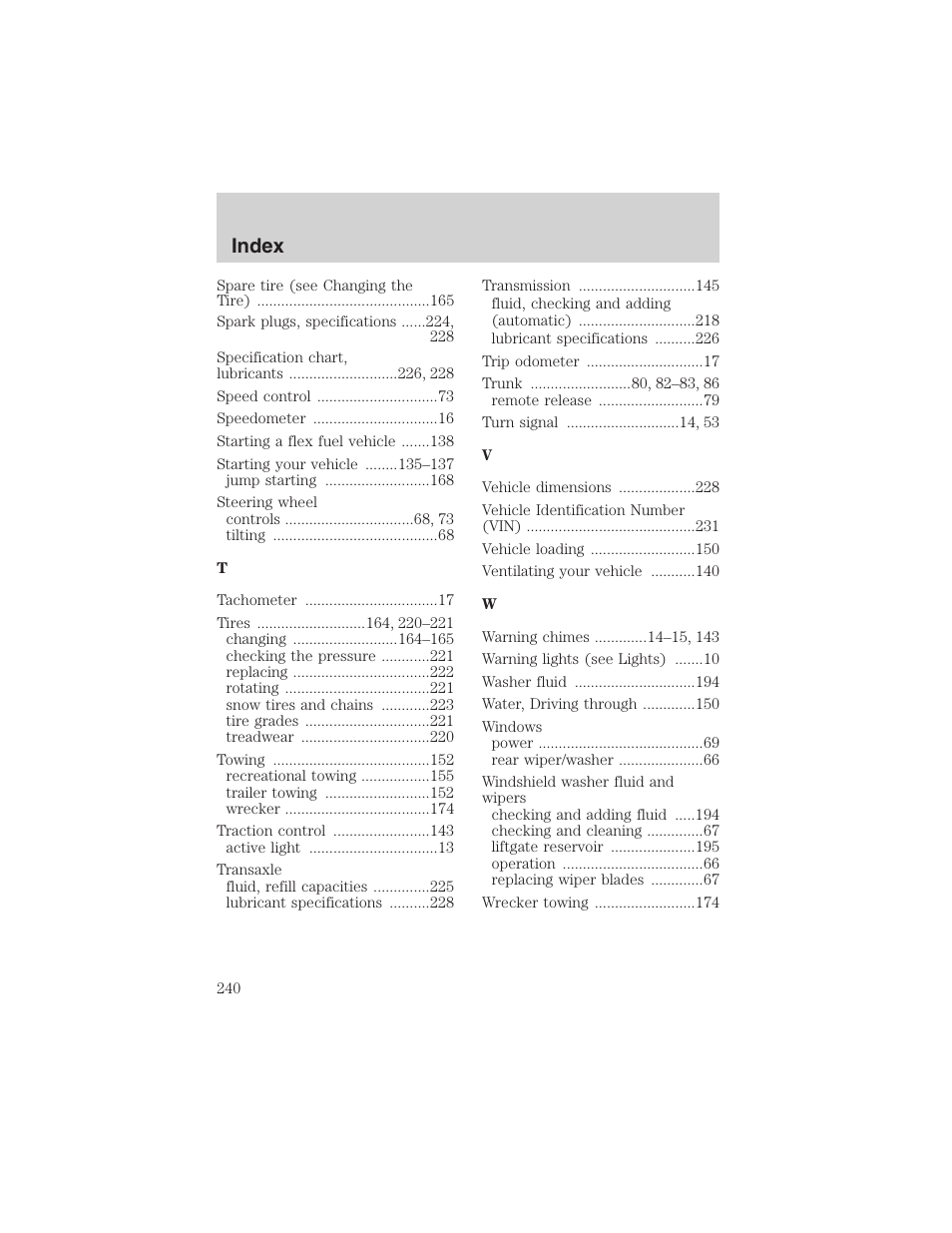 Index | FORD 2002 Taurus v.4 User Manual | Page 240 / 240