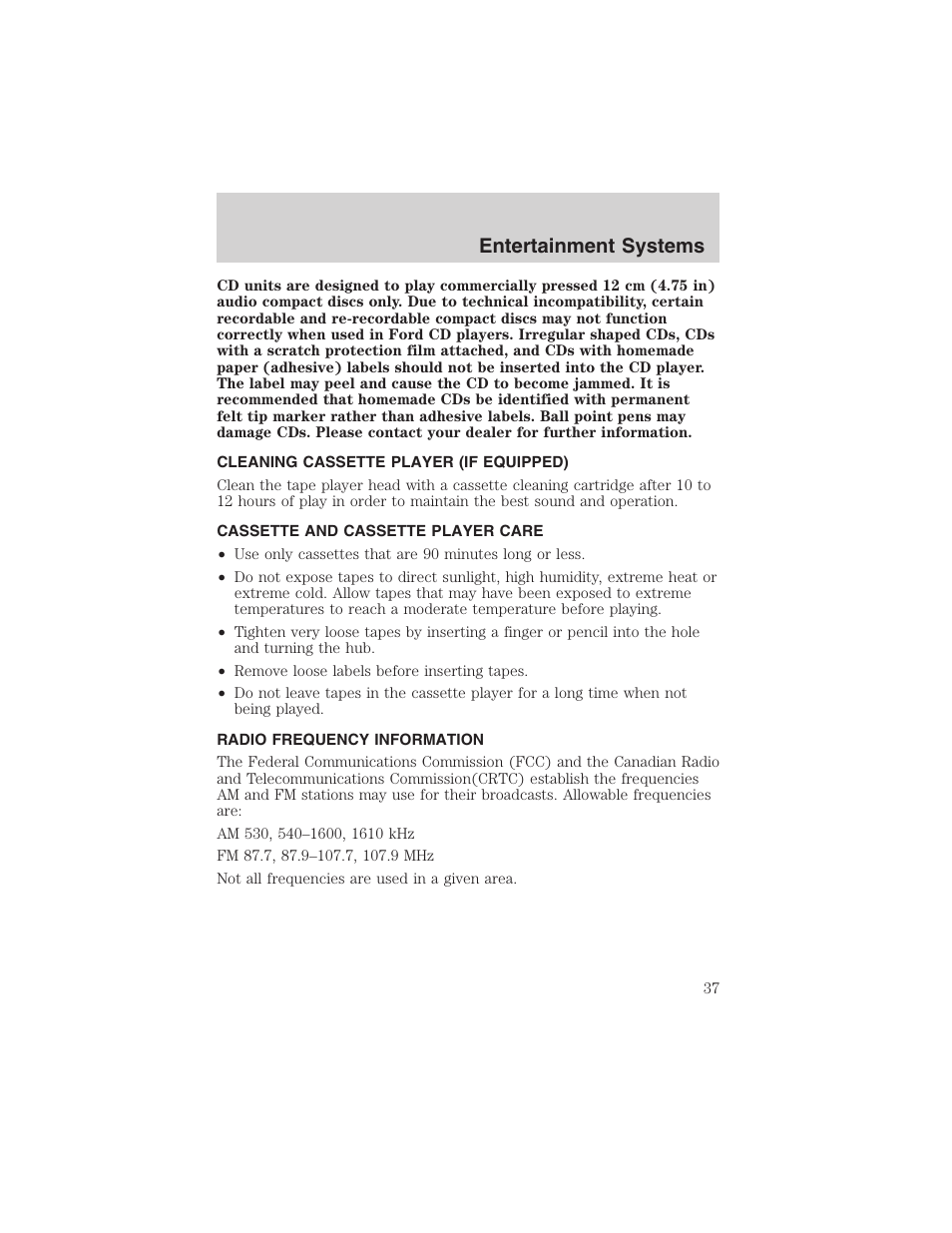 Entertainment systems | FORD 2002 Taurus v.4 User Manual | Page 37 / 240