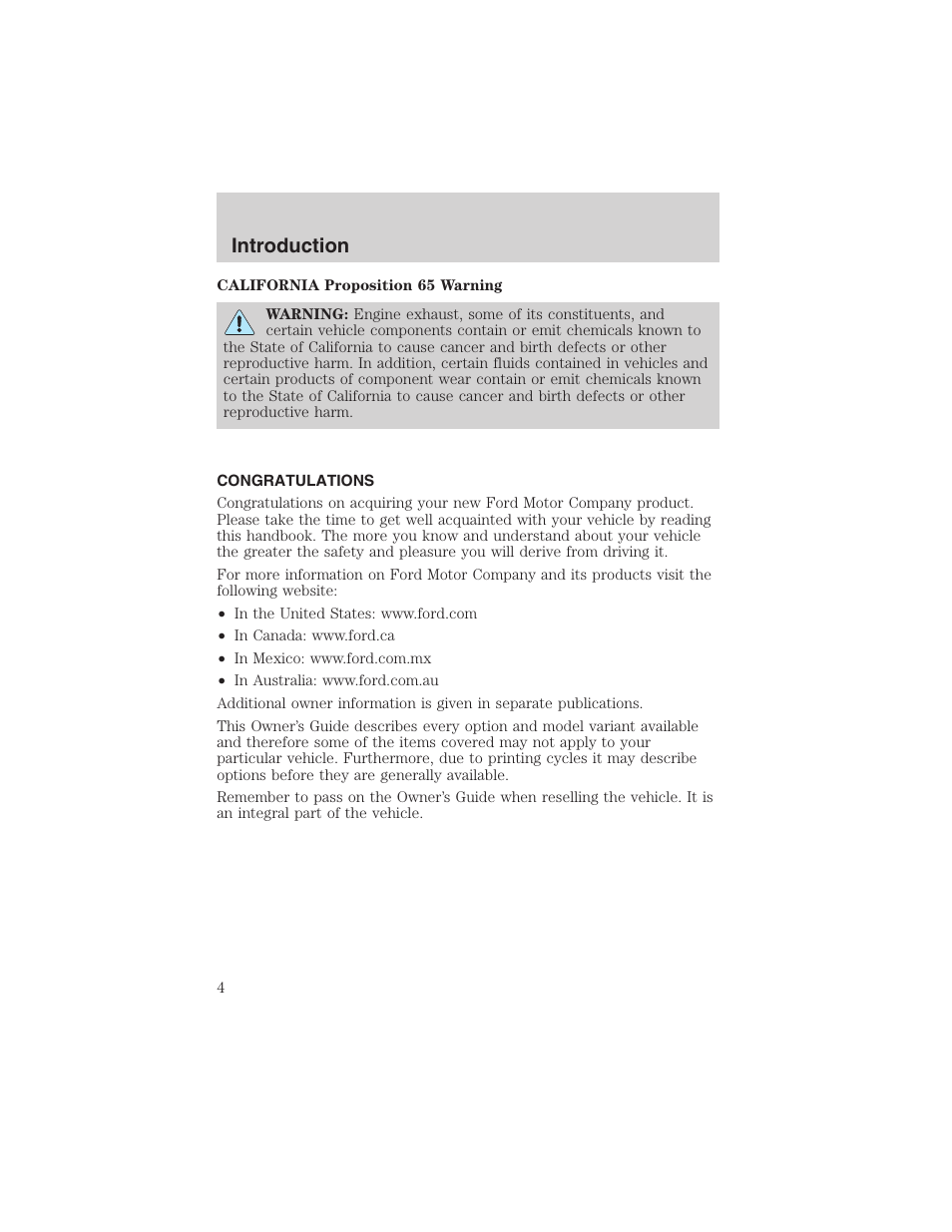 Introduction | FORD 2002 Taurus v.4 User Manual | Page 4 / 240