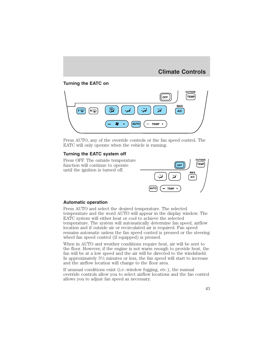 Climate controls | FORD 2002 Taurus v.4 User Manual | Page 43 / 240