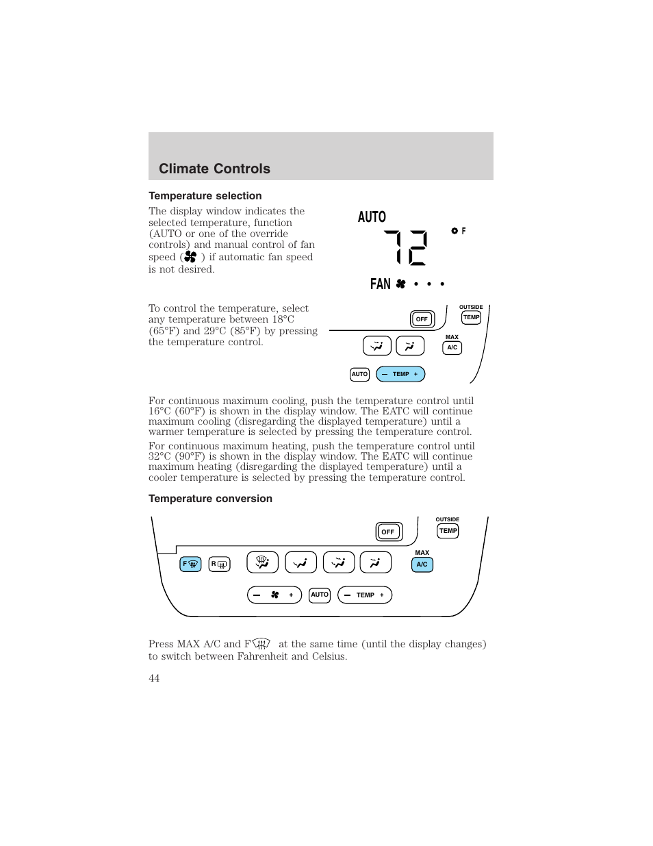 Auto fan, Climate controls | FORD 2002 Taurus v.4 User Manual | Page 44 / 240