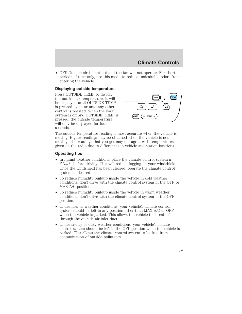 Climate controls | FORD 2002 Taurus v.4 User Manual | Page 47 / 240