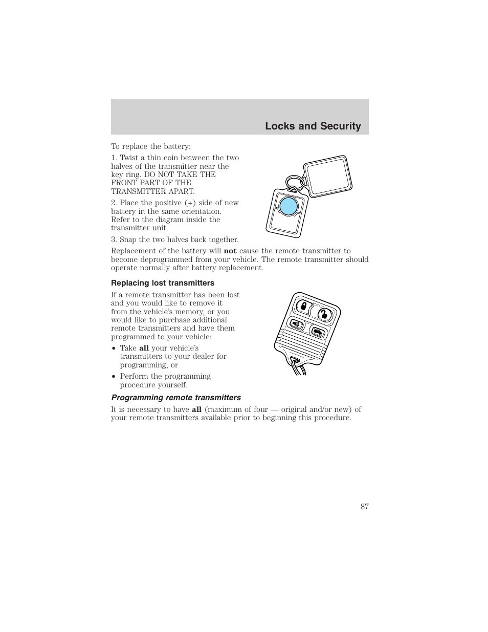 Locks and security | FORD 2002 Taurus v.4 User Manual | Page 87 / 240