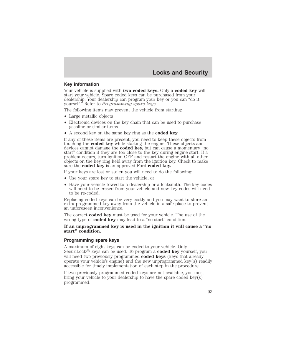 Locks and security | FORD 2002 Taurus v.4 User Manual | Page 93 / 240