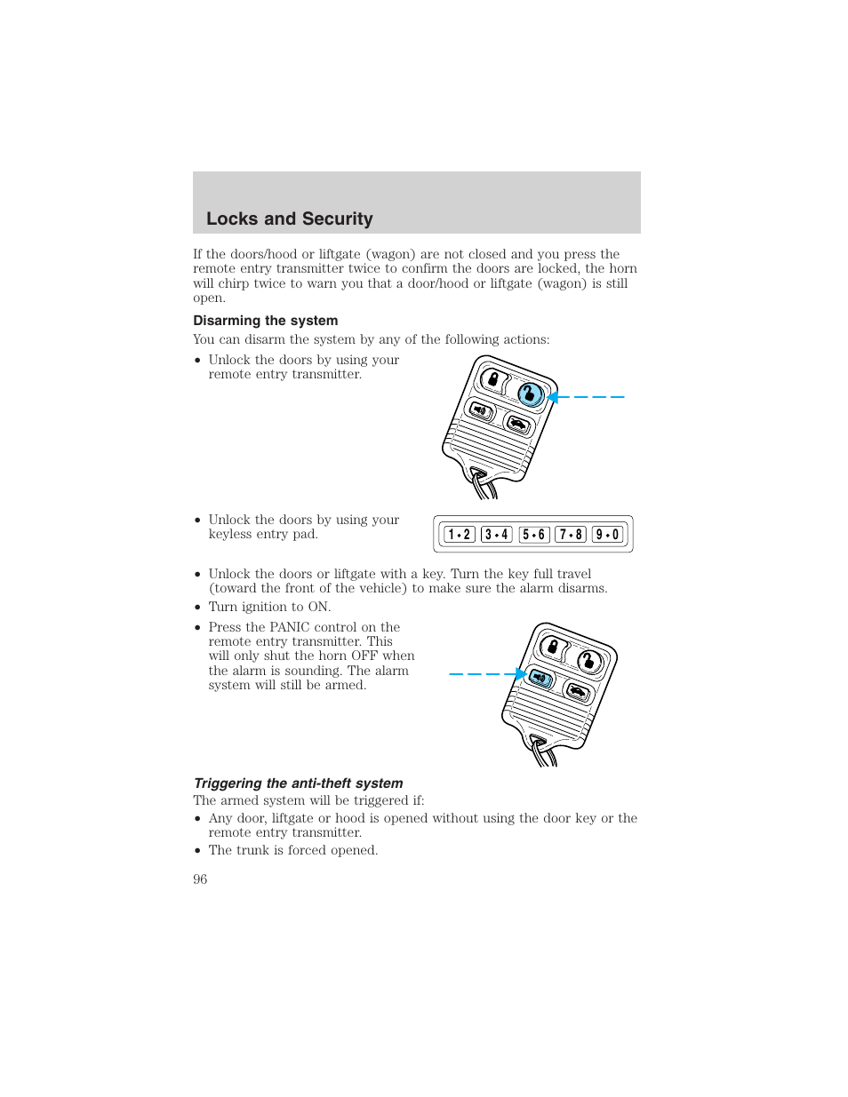 Locks and security | FORD 2002 Taurus v.4 User Manual | Page 96 / 240