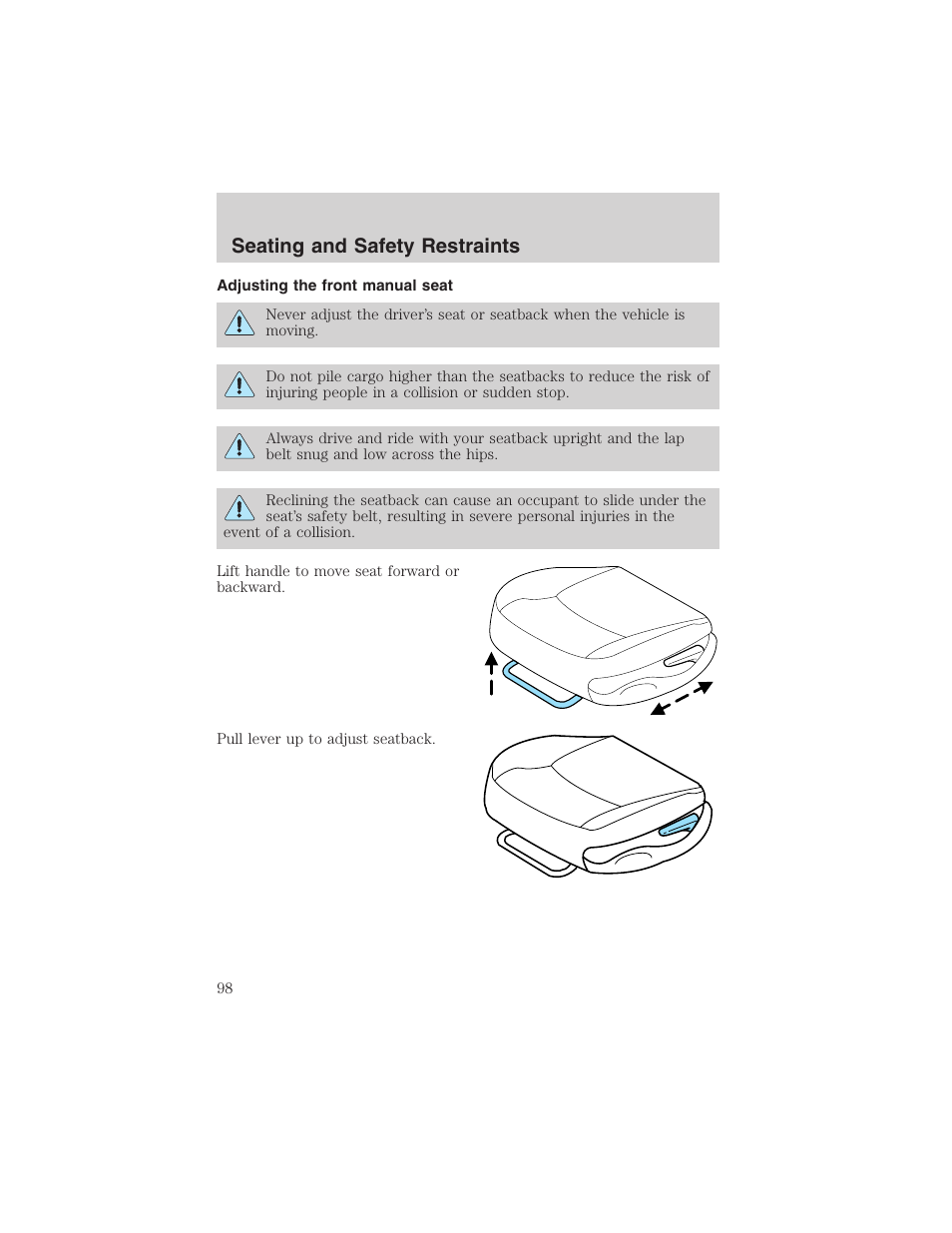 Seating and safety restraints | FORD 2002 Taurus v.4 User Manual | Page 98 / 240