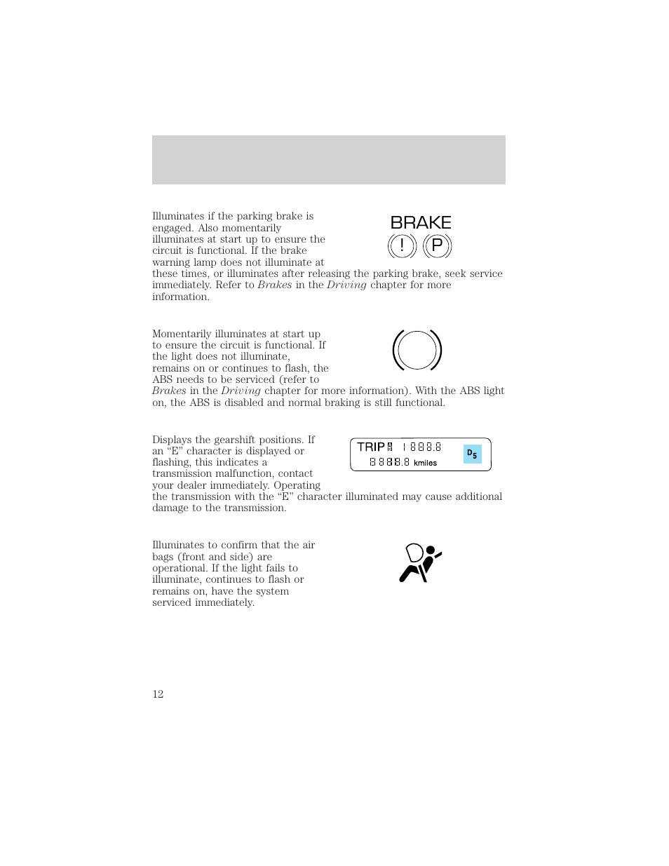 P! brake abs | FORD 2002 Thunderbird v.1 User Manual | Page 12 / 248