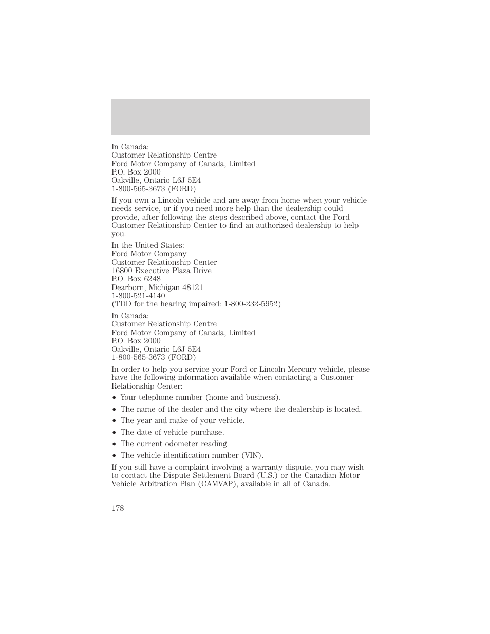 Customer assistance | FORD 2002 Thunderbird v.1 User Manual | Page 178 / 248