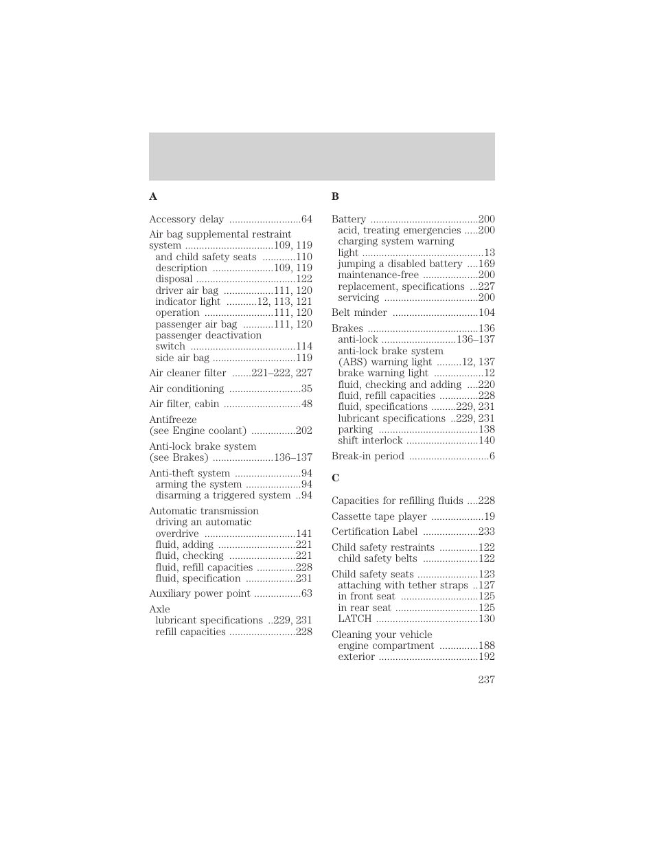 Index | FORD 2002 Thunderbird v.1 User Manual | Page 237 / 248