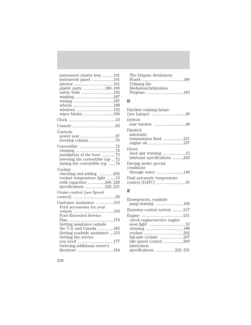 Index | FORD 2002 Thunderbird v.1 User Manual | Page 238 / 248