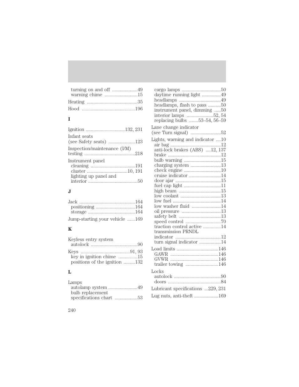 Index | FORD 2002 Thunderbird v.1 User Manual | Page 240 / 248