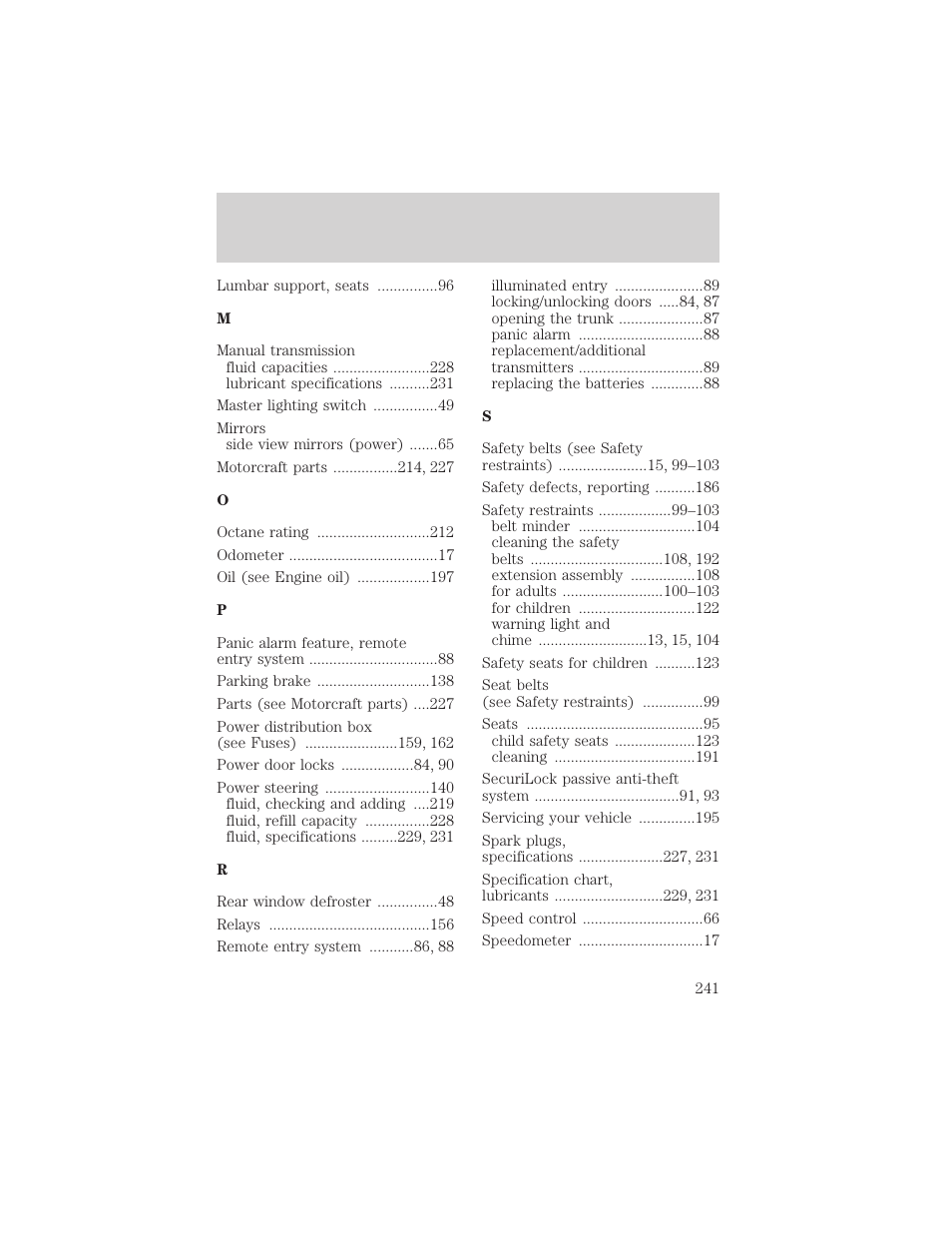 Index | FORD 2002 Thunderbird v.1 User Manual | Page 241 / 248