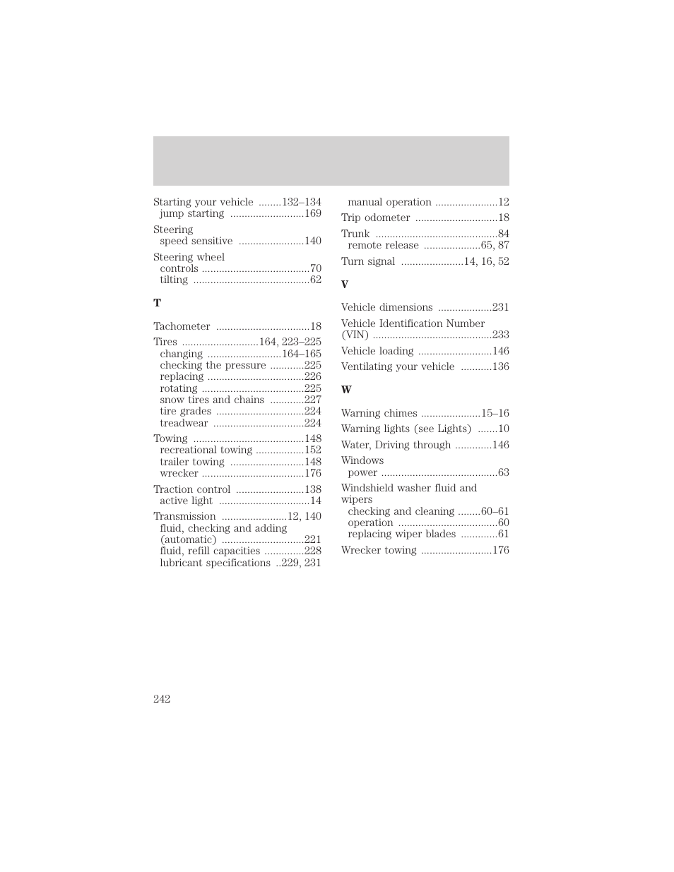 Index | FORD 2002 Thunderbird v.1 User Manual | Page 242 / 248