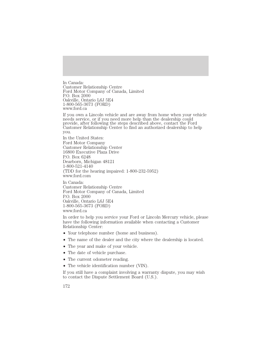 Customer assistance | FORD 2002 Thunderbird v.2 User Manual | Page 172 / 232