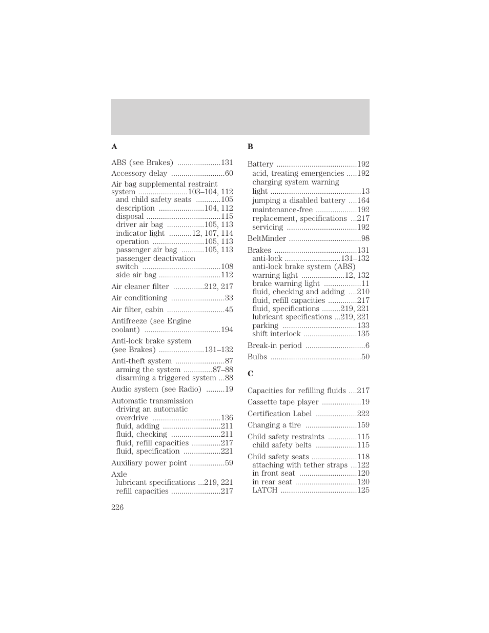Index | FORD 2002 Thunderbird v.2 User Manual | Page 226 / 232