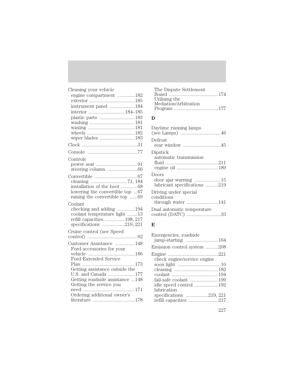 Index | FORD 2002 Thunderbird v.2 User Manual | Page 227 / 232