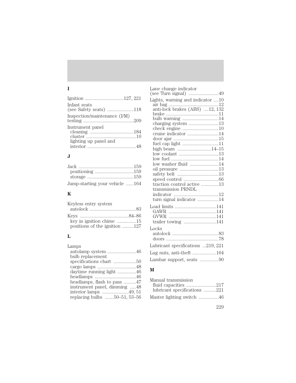 Index | FORD 2002 Thunderbird v.2 User Manual | Page 229 / 232