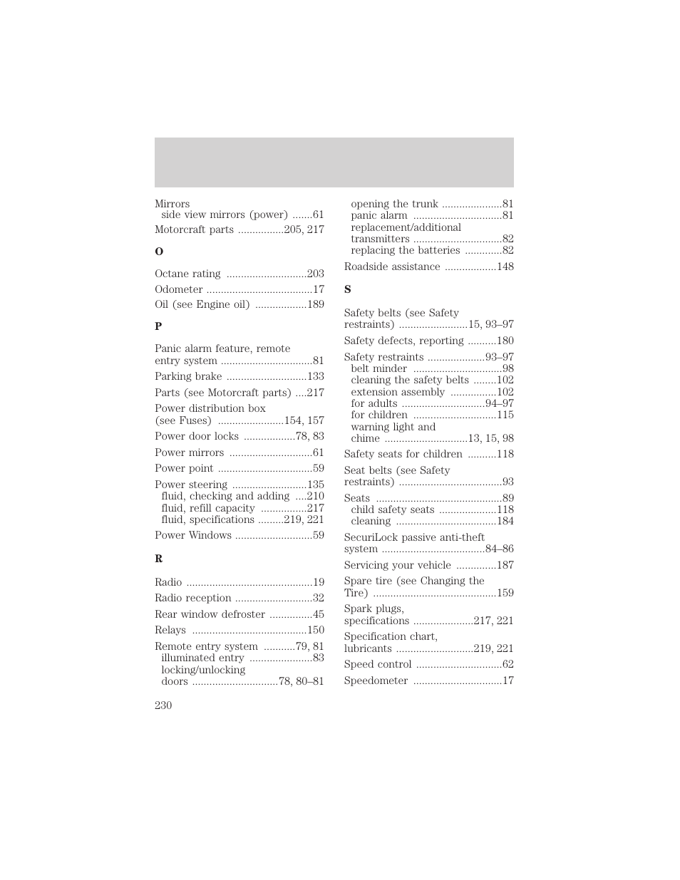 Index | FORD 2002 Thunderbird v.2 User Manual | Page 230 / 232
