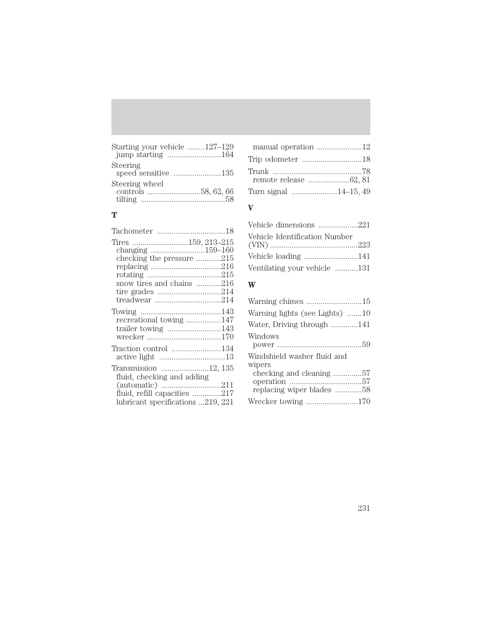 Index | FORD 2002 Thunderbird v.2 User Manual | Page 231 / 232