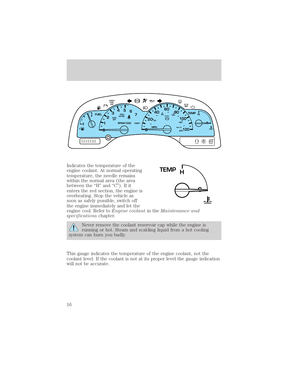 Instrument cluster, Temp h | FORD 2002 Windstar v.1 User Manual | Page 16 / 296