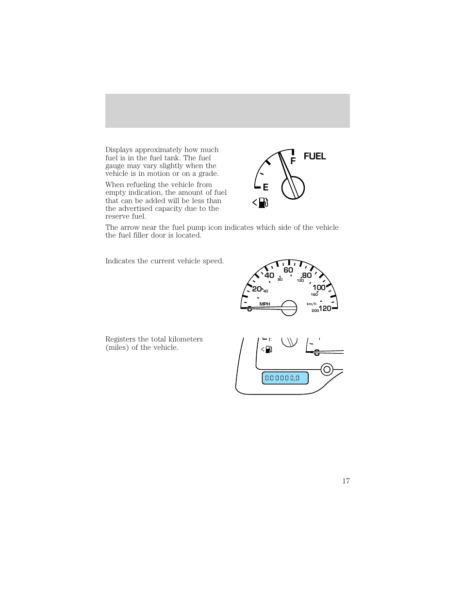 Instrument cluster, Ffuel e | FORD 2002 Windstar v.1 User Manual | Page 17 / 296