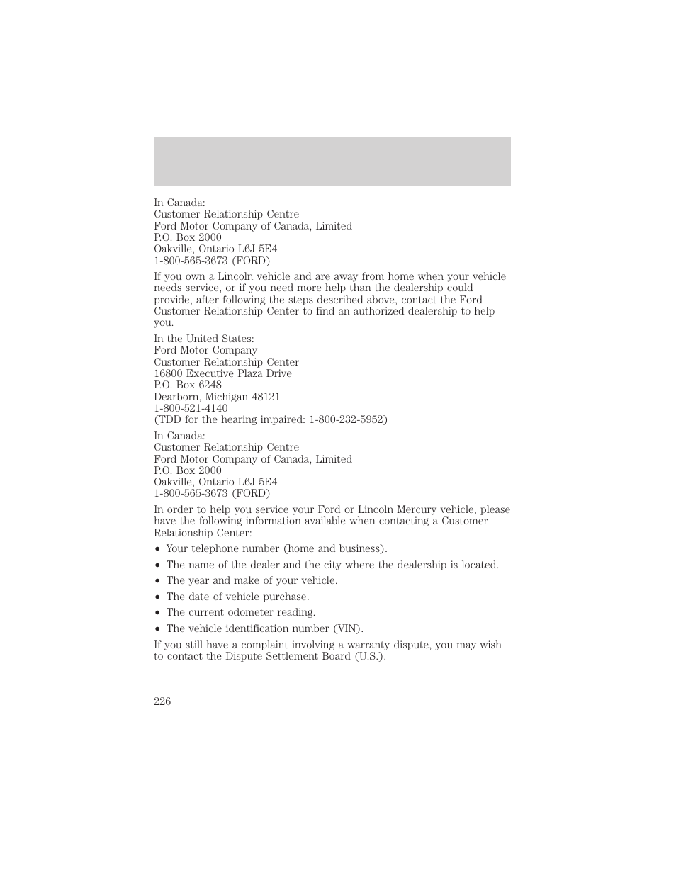 Customer assistance | FORD 2002 Windstar v.1 User Manual | Page 226 / 296