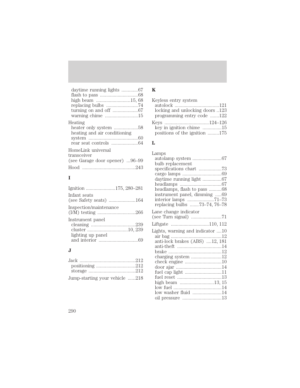 Index | FORD 2002 Windstar v.1 User Manual | Page 290 / 296