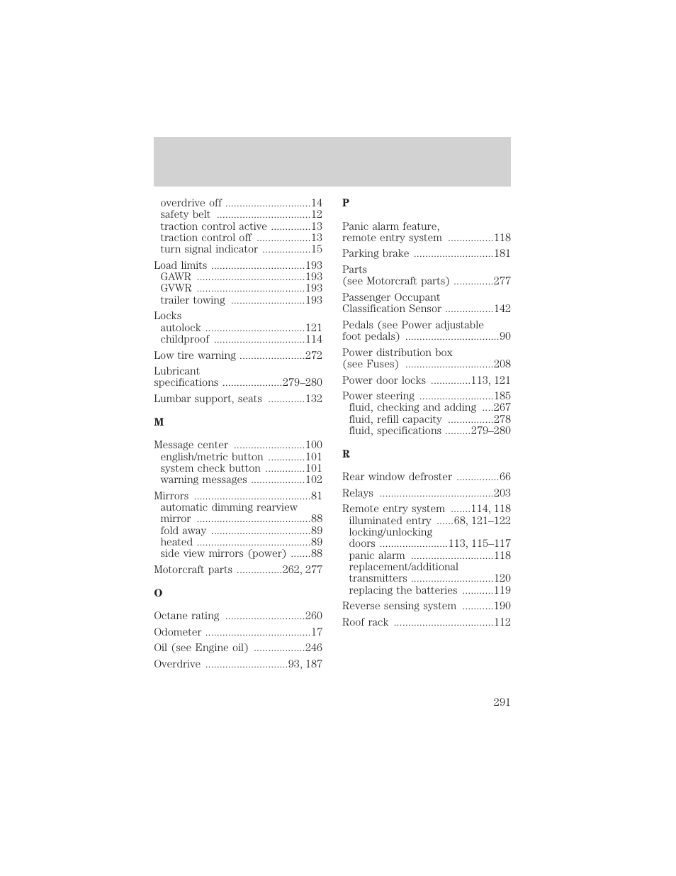 Index | FORD 2002 Windstar v.1 User Manual | Page 291 / 296