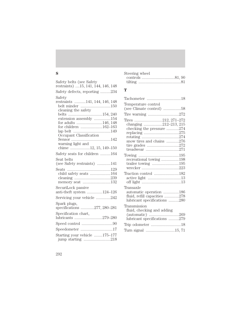 Index | FORD 2002 Windstar v.1 User Manual | Page 292 / 296