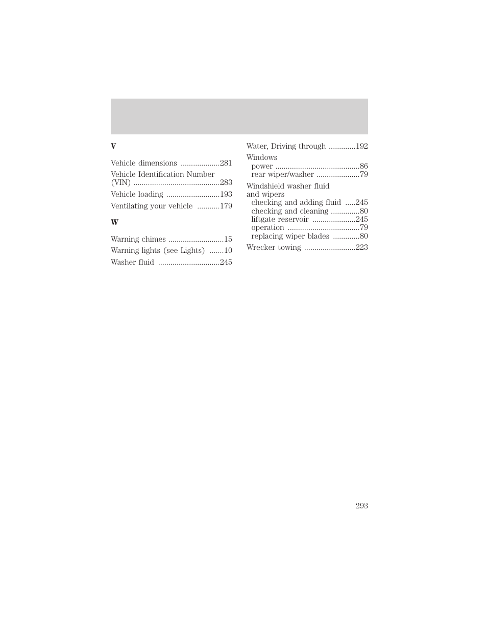 Index | FORD 2002 Windstar v.1 User Manual | Page 293 / 296