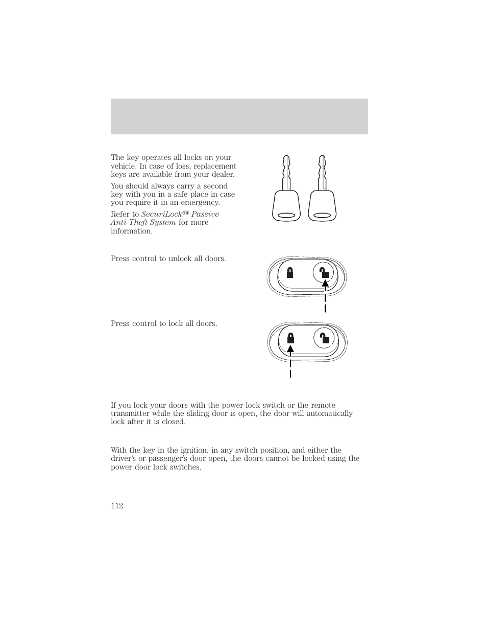 Locks and security | FORD 2002 Windstar v.2 User Manual | Page 112 / 288