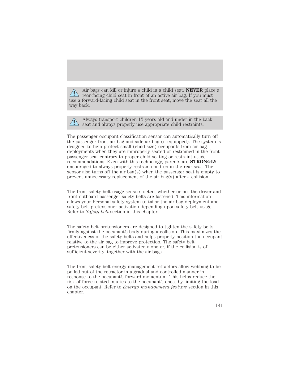 Seating and safety restraints | FORD 2002 Windstar v.2 User Manual | Page 141 / 288