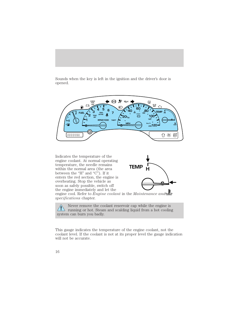 Instrument cluster, Temp h | FORD 2002 Windstar v.2 User Manual | Page 16 / 288