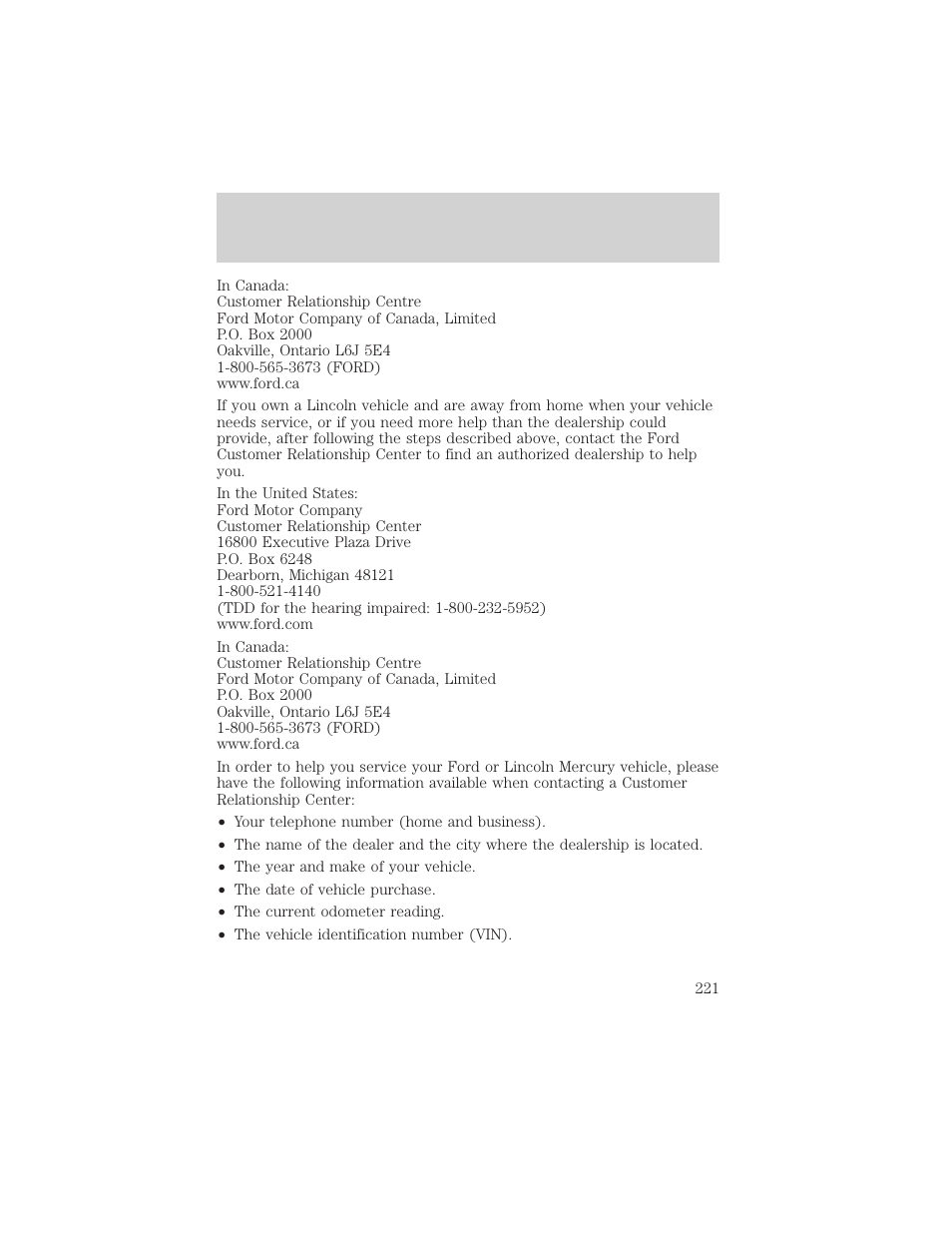 Customer assistance | FORD 2002 Windstar v.2 User Manual | Page 221 / 288