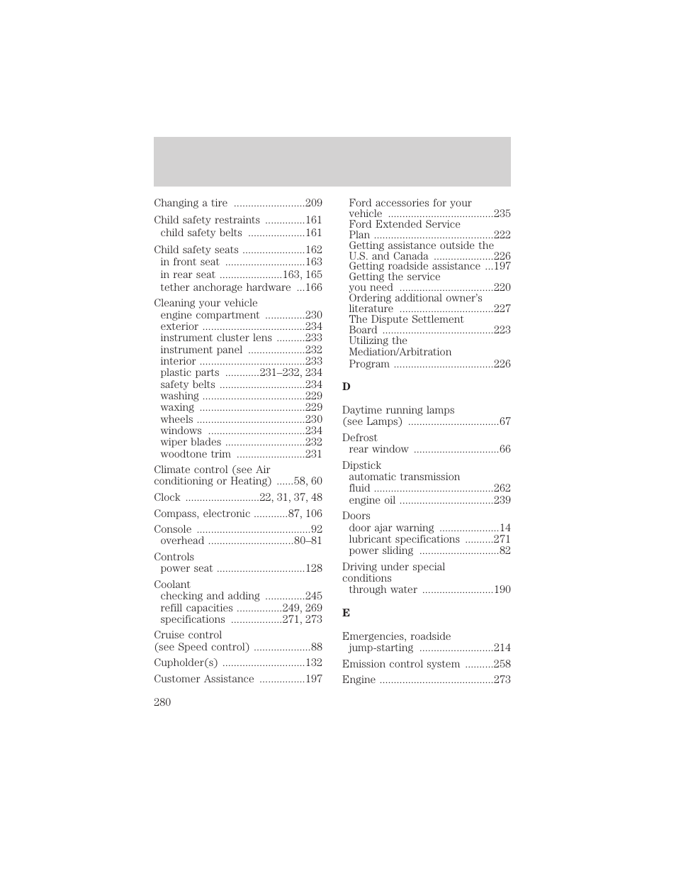 Index | FORD 2002 Windstar v.2 User Manual | Page 280 / 288