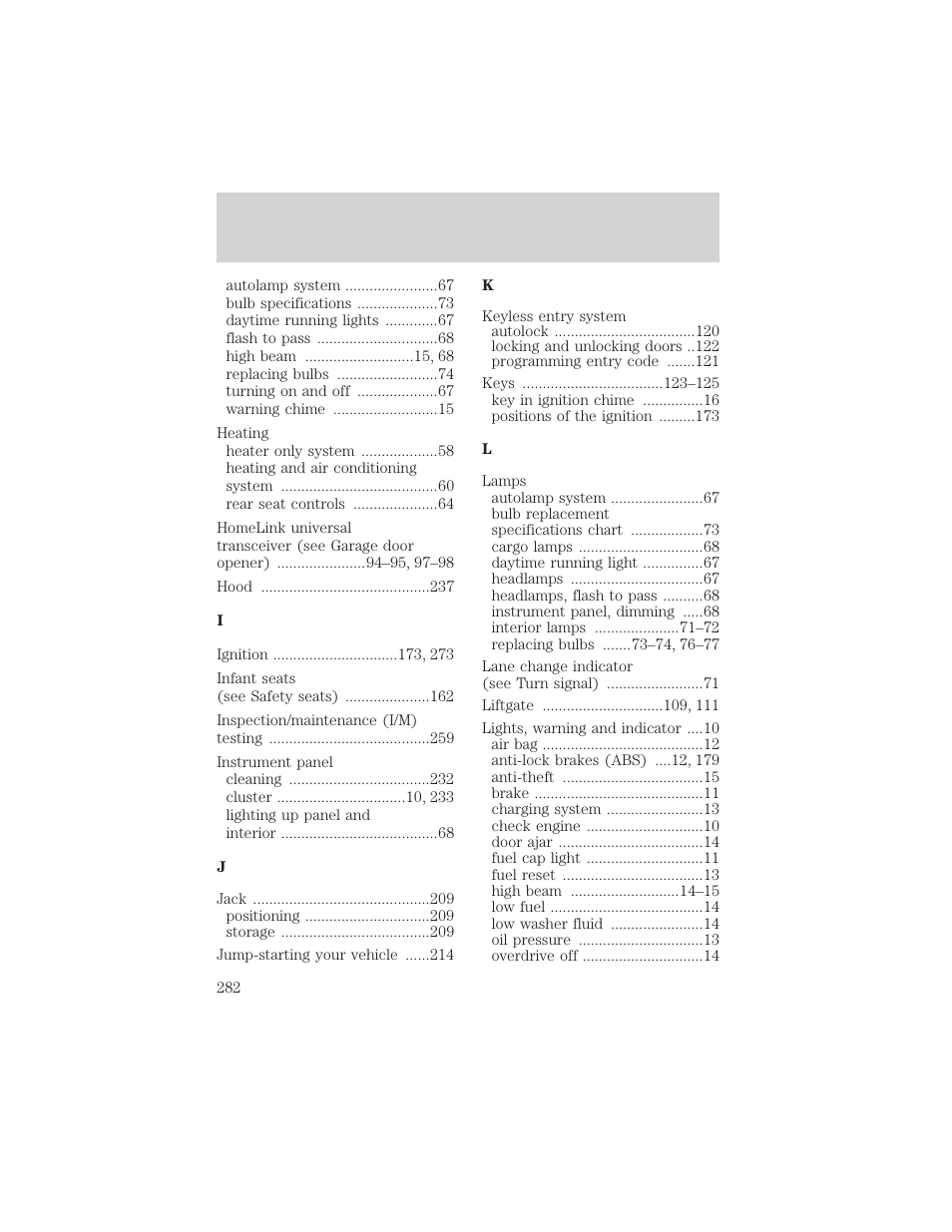 Index | FORD 2002 Windstar v.2 User Manual | Page 282 / 288