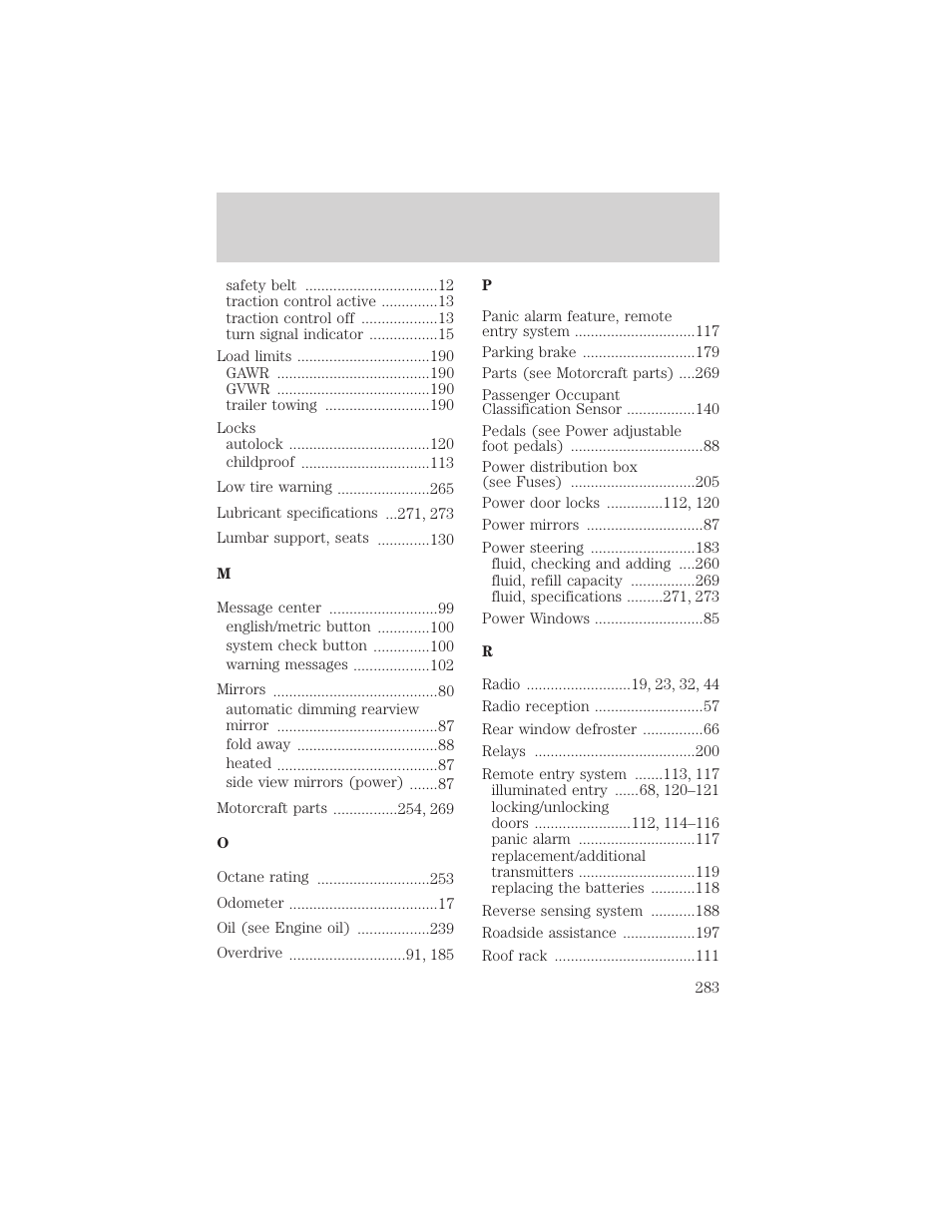Index | FORD 2002 Windstar v.2 User Manual | Page 283 / 288