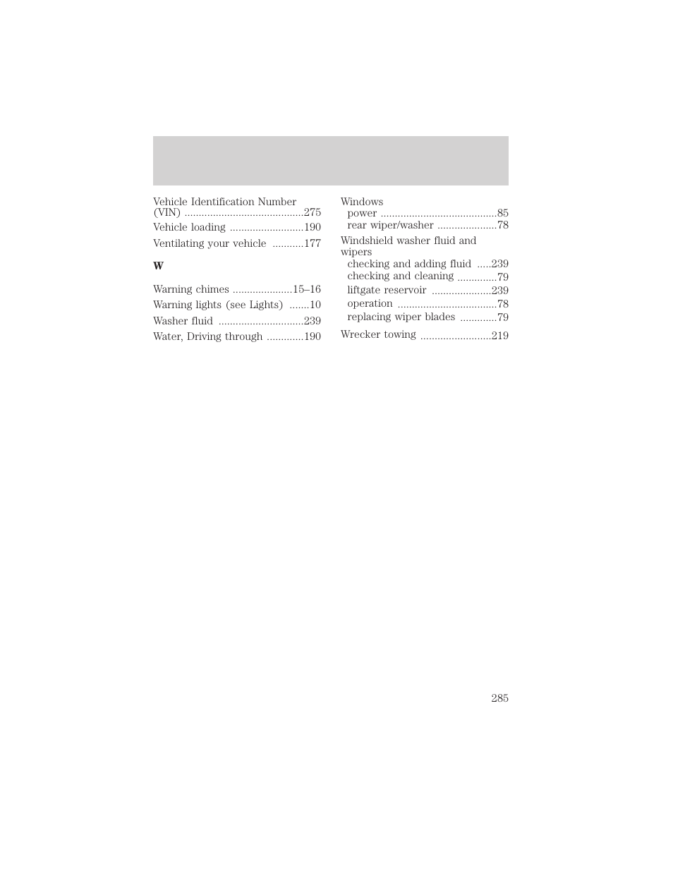 Index | FORD 2002 Windstar v.2 User Manual | Page 285 / 288