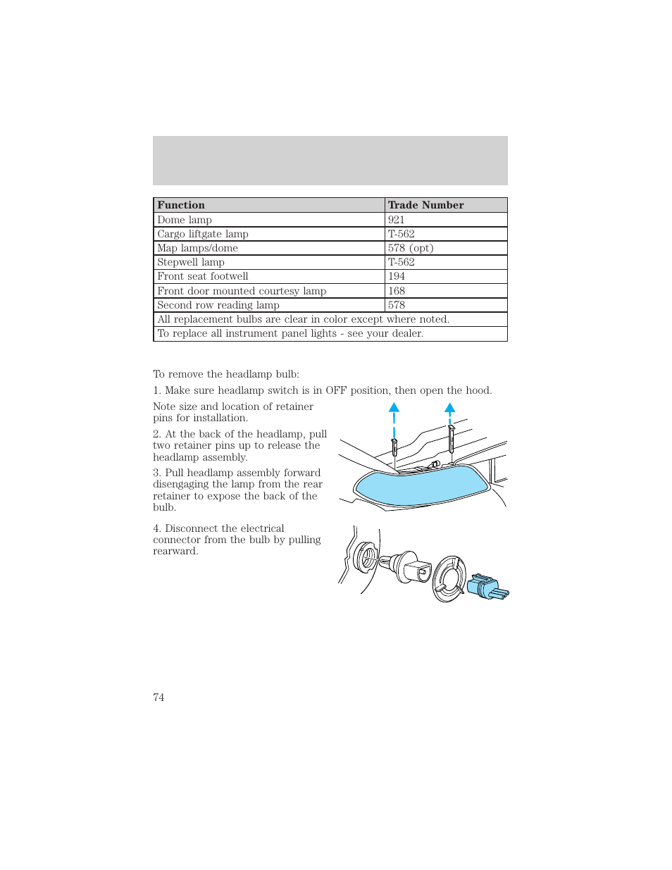 Lights | FORD 2002 Windstar v.2 User Manual | Page 74 / 288