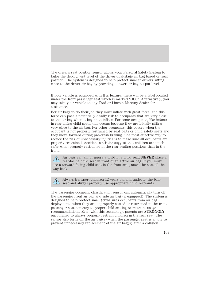 Seating and safety restraints | FORD 2001 Crown Victoria User Manual | Page 109 / 248