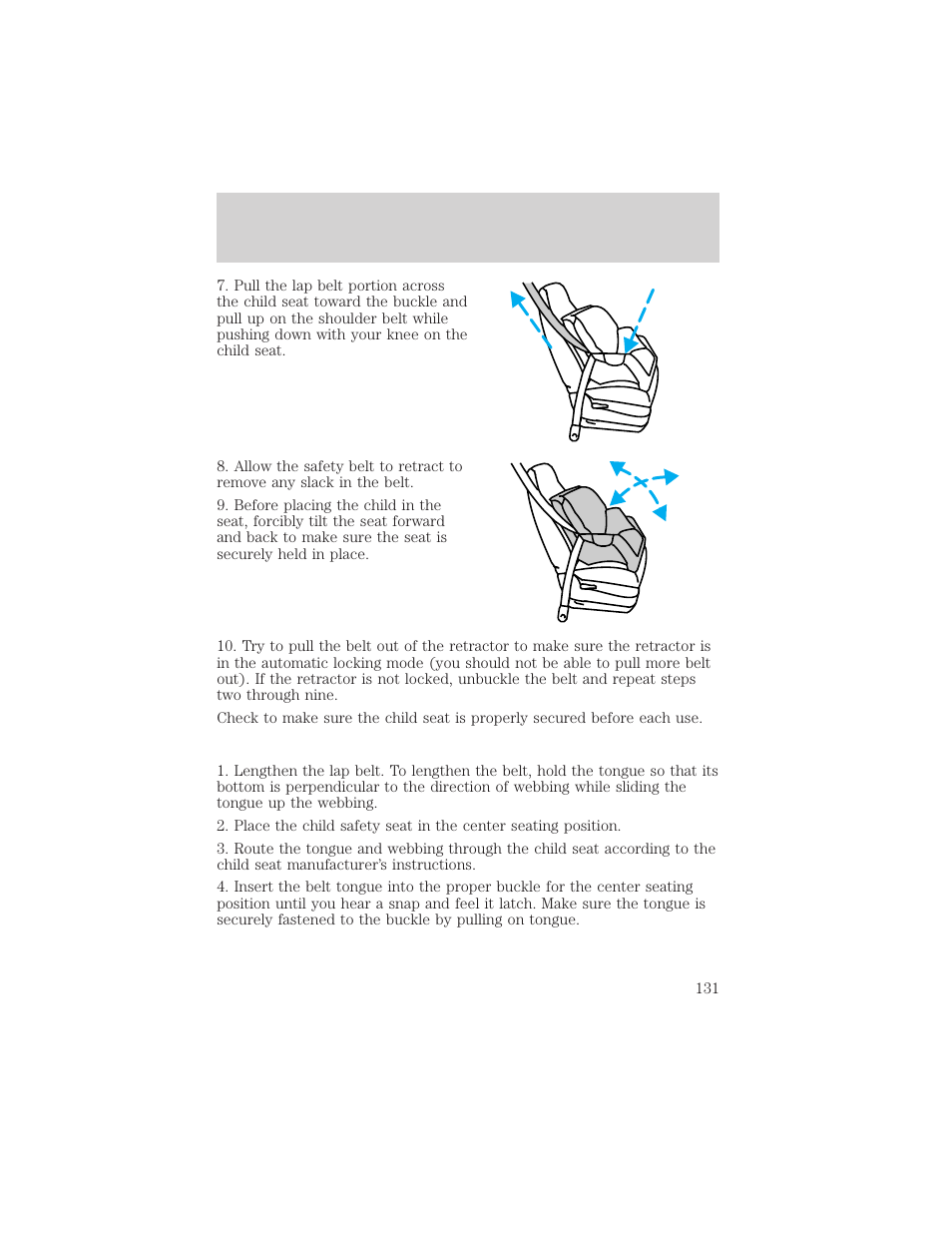 Seating and safety restraints | FORD 2001 Crown Victoria User Manual | Page 131 / 248