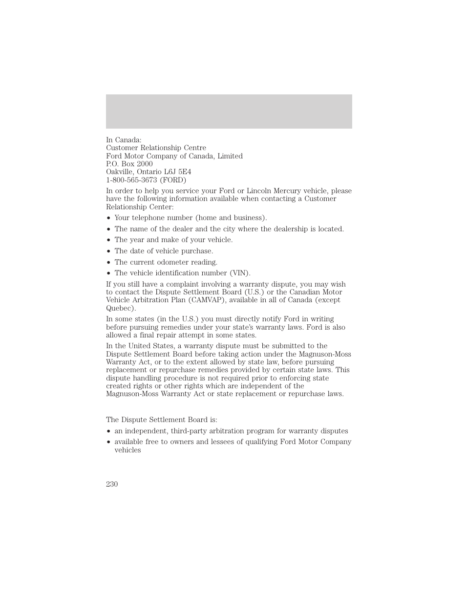 Customer assistance | FORD 2001 Crown Victoria User Manual | Page 230 / 248