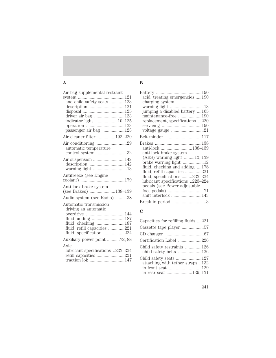 Index | FORD 2001 Crown Victoria User Manual | Page 241 / 248