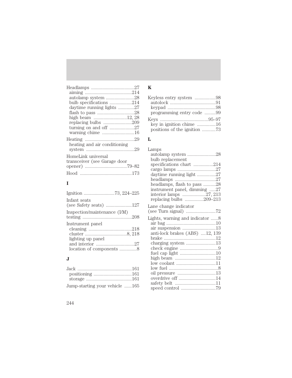 Index | FORD 2001 Crown Victoria User Manual | Page 244 / 248