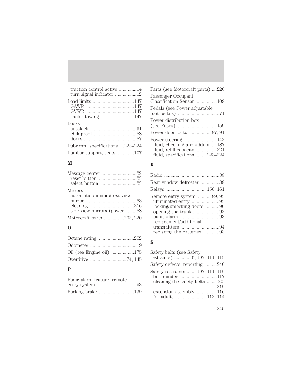 Index | FORD 2001 Crown Victoria User Manual | Page 245 / 248